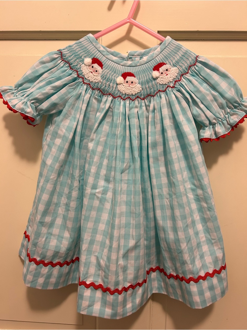 Dovie Jane Smocked Aqua Gingham Kids Christmas Dress with Santa 9months